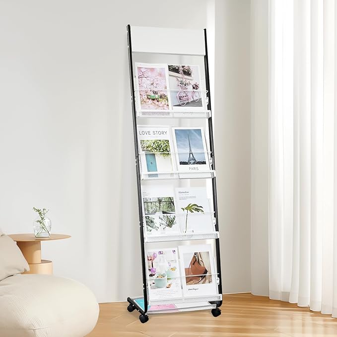 4-Tier Floor-Standing Magazine Rack with Wheels – Perfect Brochure Display Stand for Exhibitions, Offices, and Information Hubs (Black-White)