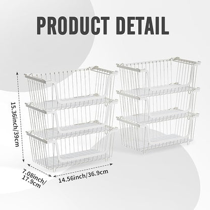 6 Pcs Stackable Wire Baskets for Pantry Organizers and Storage,Vegetable Fruit Basket for Countertop,Kitchen Storage Metal Baskets,Produce Potato Onion Storage Bin,White