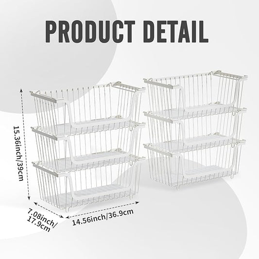 6 Pcs Stackable Wire Baskets for Pantry Organizers and Storage,Vegetable Fruit Basket for Countertop,Kitchen Storage Metal Baskets,Produce Potato Onion Storage Bin,White