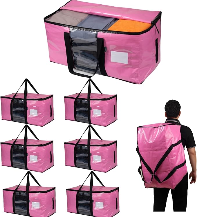 LALABAG 6-Pack Extra Large Heavy Duty Moving Bags with Zippers & Reinforced Handles - Pink Clothes Storage Bags, Oversized Packing Totes for Moving & Organizing