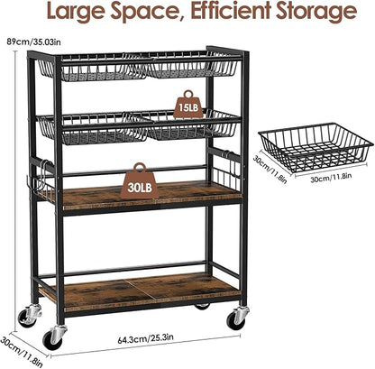 Fruit Vegetable Storage Cart, 4-Tier Rolling Kitchen Storage Cart, Fruit & Vegetables Basket Stand, Snack Organizer Shelf Unit for Kitchen, Bathroom, Living Room, Office, Balcony, Black