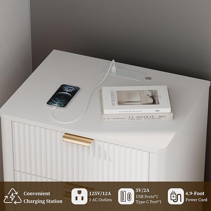 BONITURE Led Fluted Nightstand, Smart Curved Night Stand with Charging Station Lighting, Wood End Table with 3 Drawers, Modern Side Table Storage Cabinet for Bedroom Office,(1, White)