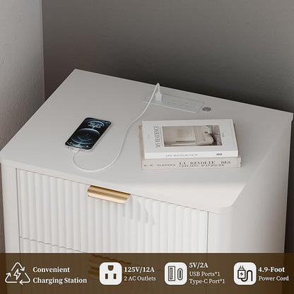 BONITURE Led Fluted Nightstand, Smart Curved Night Stand with Charging Station Lighting, Wood End Table with 3 Drawers, Modern Side Table Storage Cabinet for Bedroom Office,(1, White)