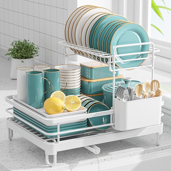 Sakugi Dish Drying Rack - X-Large Stainless Steel Dish Rack for Kitchen Counter, 2-Tier Kitchen Organizers and Storage for Dishes, Bowls, Cutlery, White