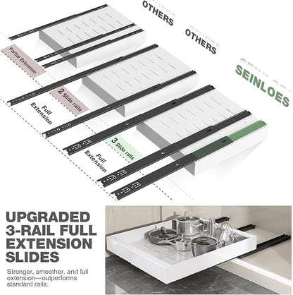 Seinloes 2 Pack Pull Out Cabinet Organizer 19" Deep,Full Extension 3 Slide Rails Slide Out Drawers With Raising Pad for Framed Cabinets,Expandable Width (12.3"-20.5"),No Drill Roll Out shelf,White