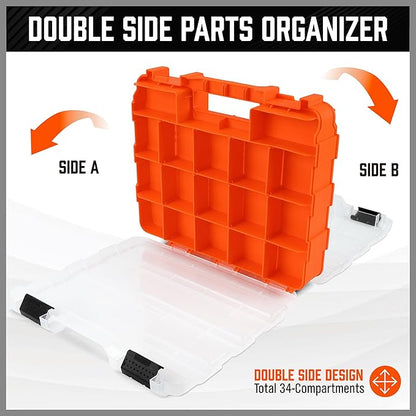 HORUSDY Small Parts Organizer, 34-Compartment Double-Sided Storage Box with Removable Dividers, Double Side Tools Box Screw Organizer for Screws, Nuts, Bolts, Nails & Small Hardware