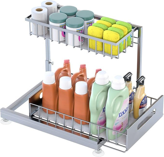 Under Sink Organizer Storage 2-Tier Premium Metal Pull-Out Racks, Height Adjustable, Heavy Dut and Easy Installation for Kitchen & Bathroom Organizers 1 Pack Grey