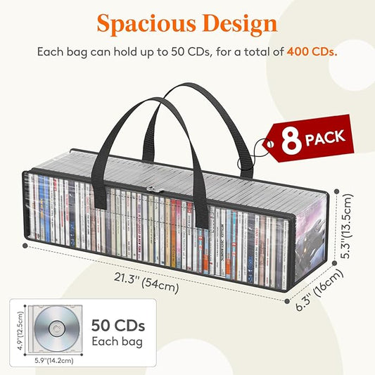 Lifewit CD Storage Bags, Clear PVC Plastic CD Case Holder with Handles, Front Window Zipper Design, Stackable Media Organizer Box for Albums, Hold up to 400 Pcs CDs (50 Each), 8 Pack
