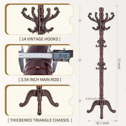 ZOZOE Wooden Classic Coat Rack Stand, Solid Wood Coat Rack Freestanding with 14 Hooks, Vintage Coat Racks with Sturdy Triangle Base, Natural Birch Wood Coat Tree Stand for Entryway Hallway