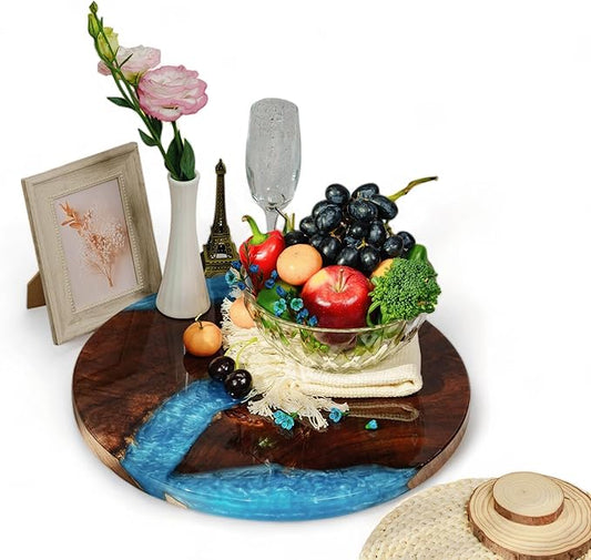 Handmade Reversible 16" Wood and Epoxy Resin Lazy Susan, Turntable for Kitchen Countertop, Rotating Display Stand, Organizer and Storage for Dining Table, Cup Board, Home Decor (Light Blue)
