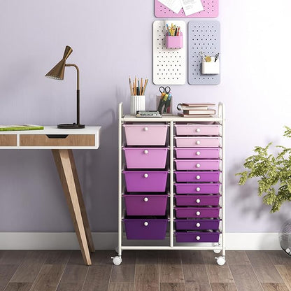 DORTALA 15-Drawer Rolling Storage Cart with Drawers, Rolling Utility Cart w/Removable Drawers & Universal Wheels, Tools Scrapbook Paper Organizer for School, Office, Home, Classroom (Gradient Purple)