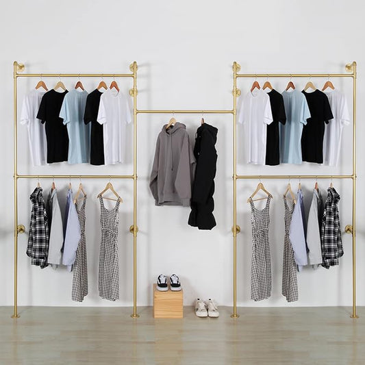 Industrial Pipe Clothing Rack Wall Mounted 5 Hanging Rods Garment Bar, Heavy Duty Closet Storage Rod Vintage Commercial Clothes Racks for Hallway Retail Boutique (Gold)
