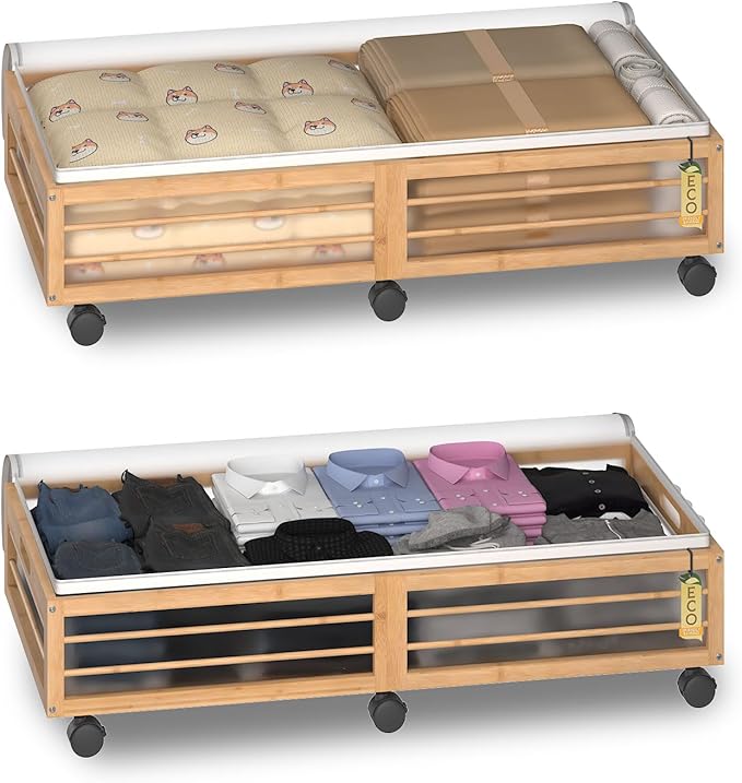 Bamboonova Bamboo Underbed Storage Containers with Wheels & Bag 2 Pack, Large Under Bed Rolling Storage Bins Wood Under Bed Clothes Storage Stackable Drawers for Bedroom Closet Under Crib Toy(Natural)
