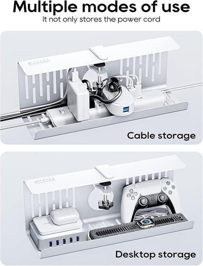 NODOCA No Drill Under Desk Cable Management Tray, 14'' Wire Management, Punch-Free Clamp on, Metal Cable Tray, Wire Organizer Under Desk, Under Desk Basket for Office and Home, White(2 Packs)
