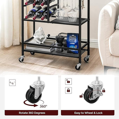 Bar Cart for Home, 3-Tier Serving Cart with Wheels and Handle, Beverage Cart with Wine Rack and Glass Holders, Rolling Wine Cart for Kitchen, Dining Room, Charcoal Gray and Black RCHT6101