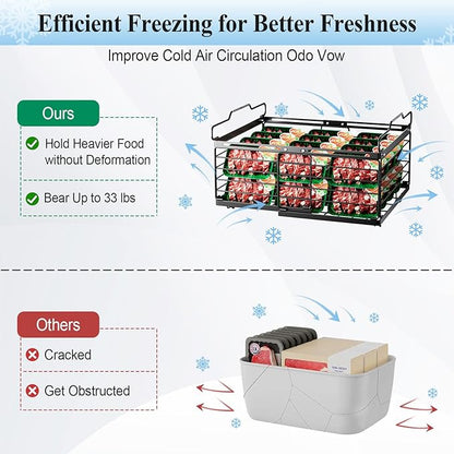 OdoVow Freezer Organizer Bins, 2 Pack Stackable Deep Freezer Organizer Bins, Large Expandable Chest Freezer Containers with Handle, Metal Adjustable Storage Baskets for Kitchen, Pantry (Black)