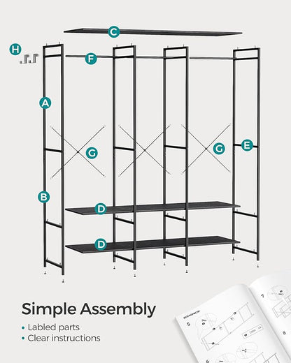 SONGMICS Clothes Rack, Iron and Wood Wardrobe Closet Organizer, Heavy Duty Garment Rack with Hanging Rods, Closet Shelves, Removable Hooks, 15.7 x 55.5 x 70.9 Inches, Ebony Black URGR005B56