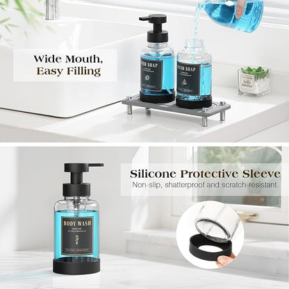 Luxspire Foaming Soap Dispenser, Non-Slip Hand Soap Dispenser with Fast Drying Tray, 15oz Glass Refillable Liquid Bottle for Bathroom & Kitchen, 2 Pack, Transparent + Dark Gray