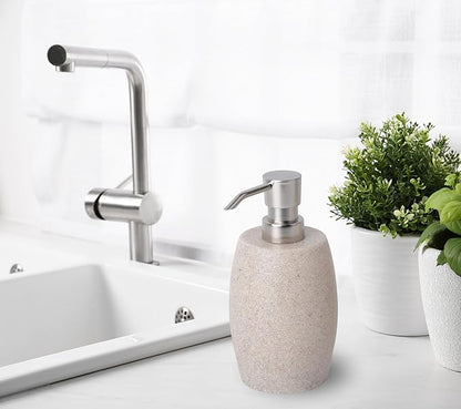 Clasin Home Sandstone Textured Resin Soap Dispenser with Metallic Pump and Waterproof Bottle Labels for Bathroom Kitchen Dish Hand Wash Shower Lotion Shampoo, 12 Oz, Beige