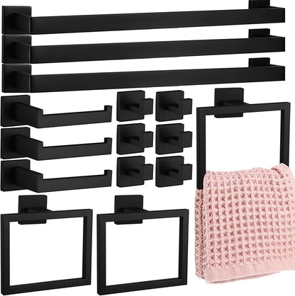 Gisafai 15 Pcs Black Bathroom Hardware Accessories Set 23.6 Inch Bath Towel Bar Kit Stainless Steel Bathroom Hardware Set Towel Racks Ring Robe Hooks Paper Holder for Wall Mounted