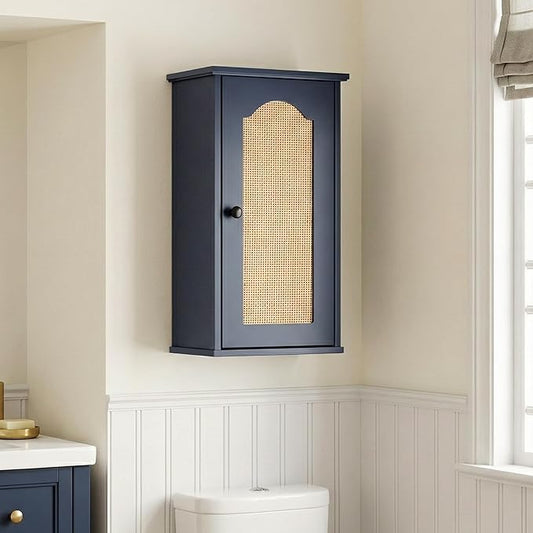 OONNEE Over The Toilet Storage Cabinet, Above Toilet Organizer with Rattan Door, Modern Blue Finish, 13x25 inch Space Saving Bathroom Medicine Cabinet