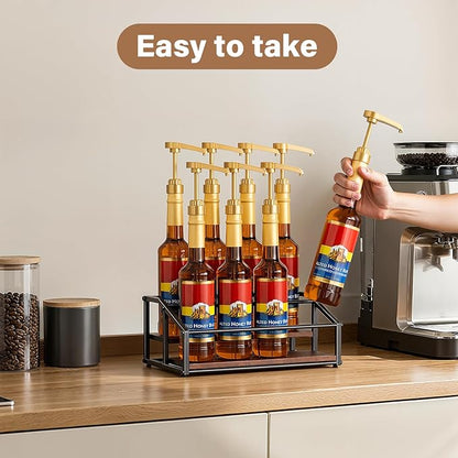 Coffee Syrup Organizer Rack, Liquor Bottle Display Shelf, 2 Tier 8 Syrup Bottles Holder Stand for Coffee Bar Kitchen Small Wine Rack for Family Storage for Syrup Wine Dressing