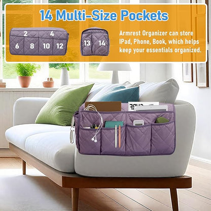 Gloserin Armchair Caddy, Sofa Armrest Organizer, Non Slip Recliner Organizer, Remote Control Holder for Recliners, Recliner Arm Caddy with 14 Pockets Storage for TV Remote, Phone, Magazine (Purple)