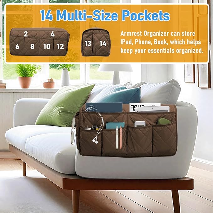 Gloserin Armchair Caddy, Sofa Armrest Organizer, Non Slip Recliner Organizer, Remote Control Holder for Recliners, Couch Caddy with 14 Pockets Storage for TV Remote, Phone, Magazine (Brown)