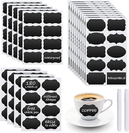Chalkboard Labels - 180pcs Waterproof Reusable Blackboard Stickers with 2 Free Erasable White Chalk Marker, Mini Decorative Chalk Labels for Jars Containers Kitchen Home Pantry Office