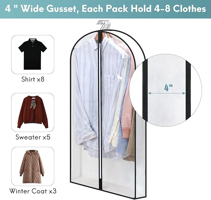 40" Clear Garment Bags for Hanging Clothes, 4" Gusseted Suit Bags for Closet Storage, Hanging Clothes Storage Suit Cover Bags with Zipper for Coats, Jackets, Shirts, 4 Packs