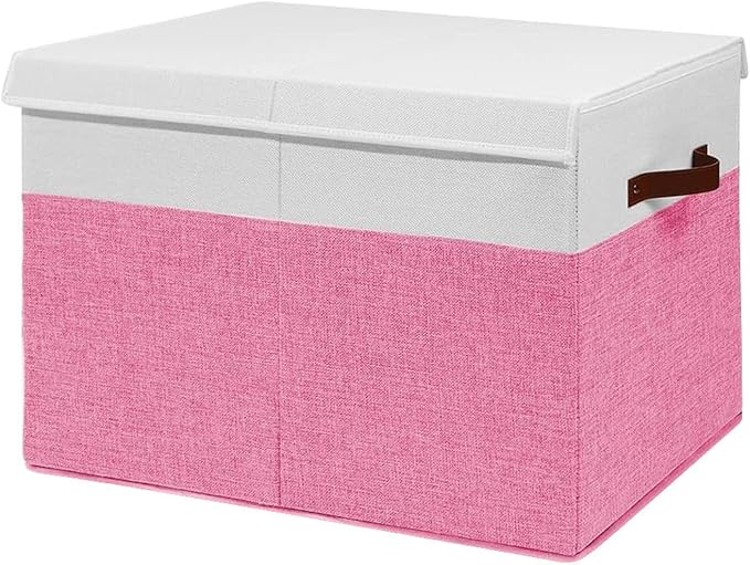 Large Toy Box, Collapsible Sturdy Storage Organize Chest Boxes With Lids, 25"x13"x16" Kids Toy Chest Bin Baskets for Living Room, Bedroom, Nursery, White & Pink