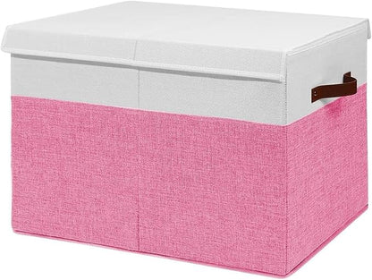 Large Toy Box, Collapsible Sturdy Storage Organize Chest Boxes With Lids, 25"x13"x16" Kids Toy Chest Bin Baskets for Living Room, Bedroom, Nursery, White & Pink