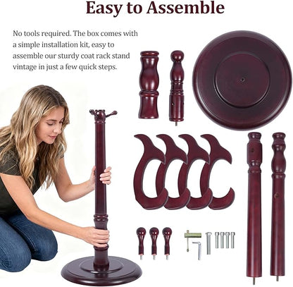 73" Wooden Coat Rack Freestanding, Coat Rack Stand With 18 Hooks And Round Solid Wood Base，Adjustable Height, Easy To Assemble For Entrance Hallway Office Living Room Bedroom (fishtail)