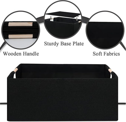 Foldable Fabric Storage Cubes, 2 Packs Cloth Storage Baskets with Wooden Handles, Collapsible Shelf Closet Organizer Bins, Rectangular Storage Boxes for Decor (Black)