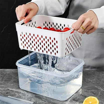 Organizeh Household Transparent Plastic Food Storage Box-Including Drain Basket, Portable Breathable Multifunctional Basin, Fruit Storage Containers for Fridge with Removable Colander (Grey)