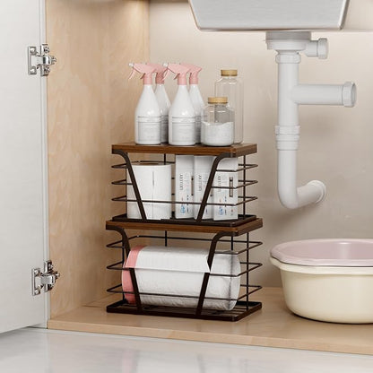 2 Pack Stackable Kitchen Organization,Counter Organizers and Pantry Organization for Home and Kitchen,Trash Bag Organizer Under Sink,Brown