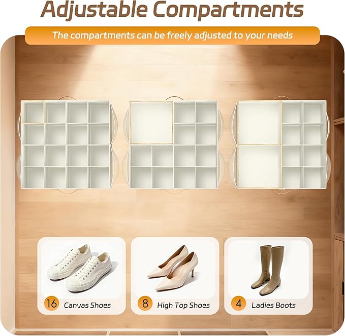 Shoe Organizer for Closet, 2 Pack Foldable Shoe Storage Organizer Box with Adjustable Dividers and Clear Cover, Space Saving Shoe Box with Reinforced Handles, Fits 16-32 Pairs, White