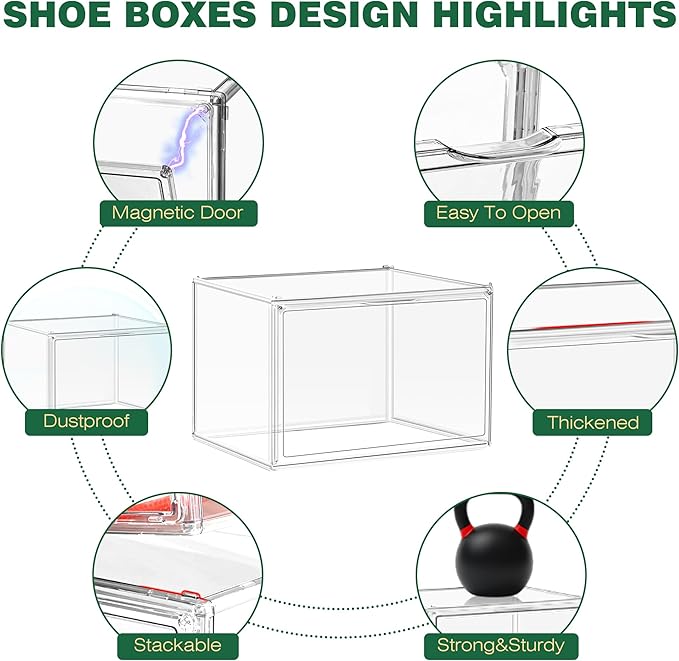EZJOB 6 Pack Shoe Storage Boxes Clear Plastic Stackable X-Large Containers Sneaker Storage Display Case Zapateras Organizer with Magnetic Door, Easy Assembly,Fit up to US Size 14