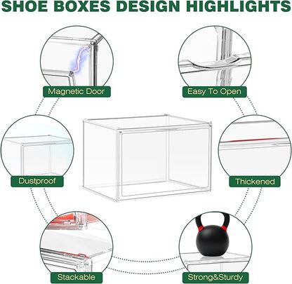 EZJOB 6 Pack Shoe Storage Boxes Clear Plastic Stackable X-Large Containers Sneaker Storage Display Case Zapateras Organizer with Magnetic Door, Easy Assembly,Fit up to US Size 14