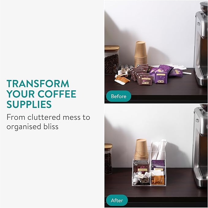 Navaris 4 Compartment Coffee Organiser - Sugar, Creamer, Tea Supplies - Office & Kitchen Countertop Organisation