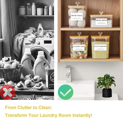 3 Pack Plastic Laundry Pods Container & Dryer Sheet Holder with Lids, Labels & Scoops - Laundry Powder Container for Laundry Room Organization and Storage
