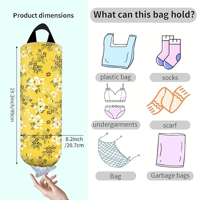 Plastic Bag Holder, Wall Mount Grocery Bag Organizer, Funny Hanging Trash Bag Storage Dispenser for Home Kitchen Boho White Flowers