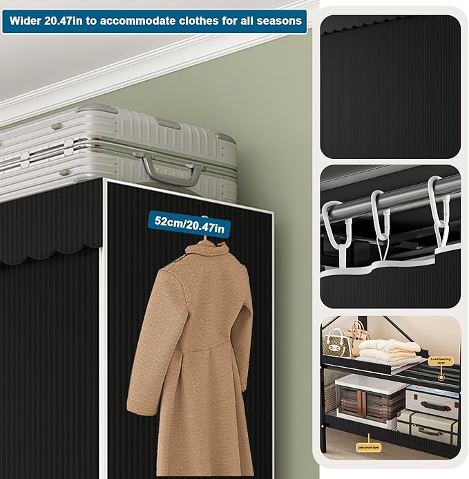 49.2in Heavy Duty Clothes Rack with Black Cover Foldable Covered Clothes Rack for Hanging Clothes portable Wardrobe Closet System Freestanding Coat Storage Garment Racks for bedroom (black, 49.2in)