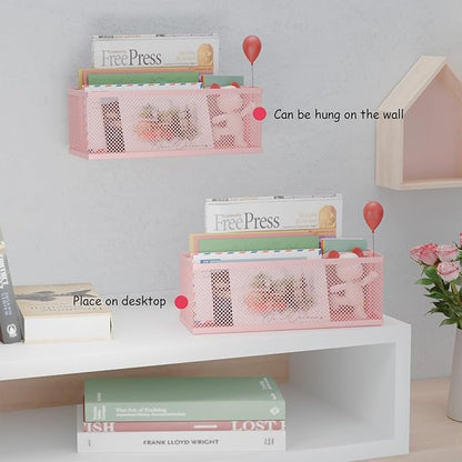 Mail Holder Countertop, Mail Organizer with 2 Slots, Mail Basket Wall Mounted Desktop Mail Sorter Letter Holder Box Envelope Organizer for Home Office, Pink