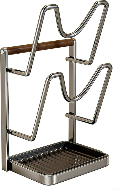 EHZBRCN 1Pc Kitchen Pot Lid Storage Rack, 2026 New Multifunctional Pot Lid Holder with Tray, Double-Layer Pots Lids Pan Organizer, Carbon Steel Kitchen Organizer Stand for Stove Top