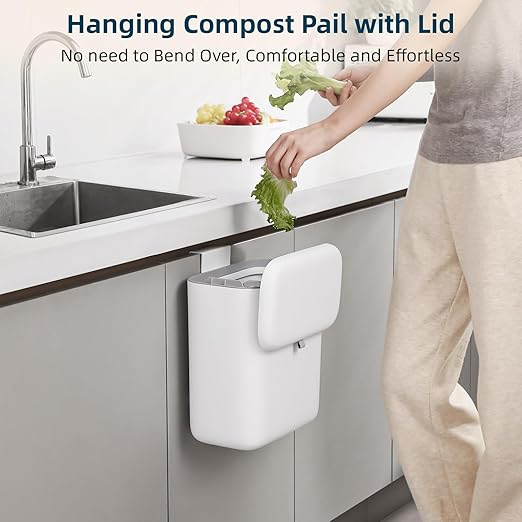 MUEE Hanging Compost Bin for Kitchen Cabinet Door - 2.4 Gal Small Trash Can with Lid, Under-Sink Food Scraps Collector, Slim Odorless Waste Bin for Apartment Essentials & RV - White