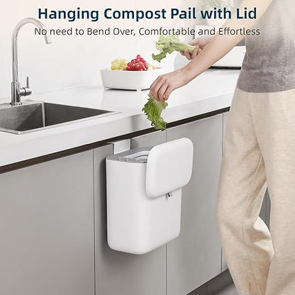 MUEE Hanging Compost Bin for Kitchen Cabinet Door - 2.4 Gal Small Trash Can with Lid, Under-Sink Food Scraps Collector, Slim Odorless Waste Bin for Apartment Essentials & RV - White