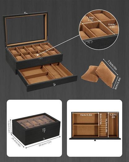 Uten 10-Slot Watch Box, 2-Layers Solid Wood Watch Display Case with Glass Lid, Watch Holder Organizer with Soft Pillow and Velvet Lining, Watch and Jewelry Storage Box, Brown