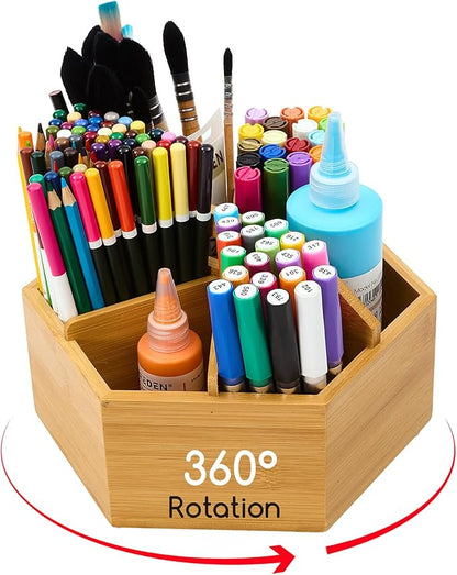 MEEDEN Bamboo Rotating Art Supply Desk Organizer: Pen & Pencil Holder for Desk- Desktop Storage for Markers, Colored Pencils, Crayons, Paint Brushes, Office School Classroom