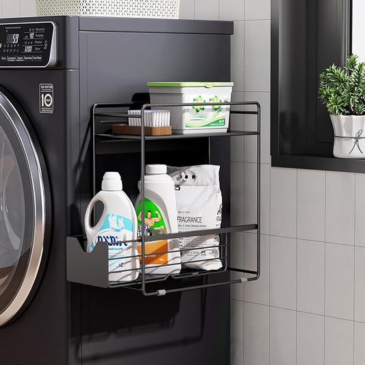 2 Tier Magnetic Shelves for Washing Machine with Pull Out Metal Drawer,Magnetic Spice Rack for Fridge,Magnetic Rack with no Installation, Versatile Storage Organizers for Home (Black, 2 Tier)